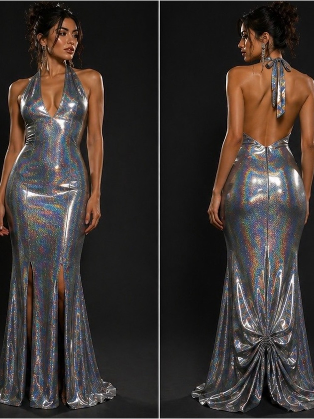Liquid Silver Holographic Halter Maxi Dress – Custom Pouf Back Skirt XS/Petite